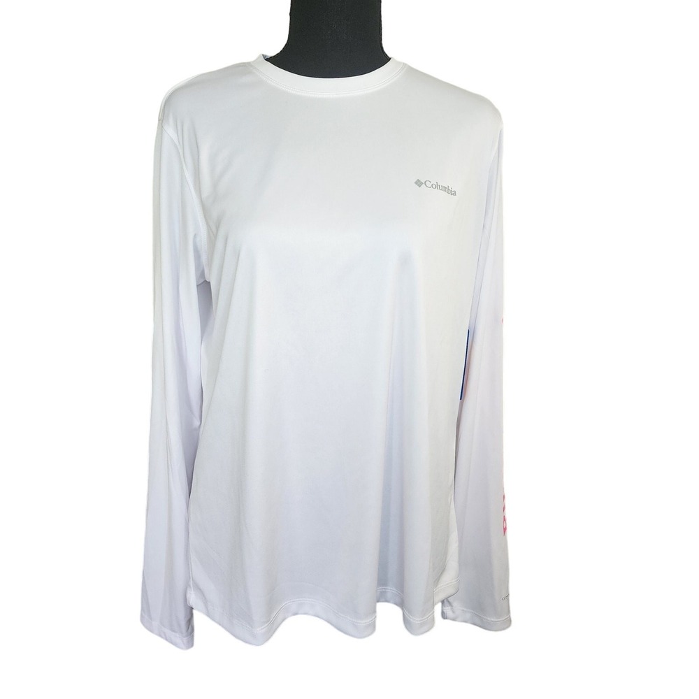 Columbia Long Sleeve Shirt White Omni-Shade Pink Logo Graphic Womens L‎ NEW